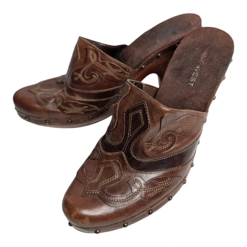 Nine West Luzio Womens‎ Size 8.5 Brown Leather Clogs Bootie Heels Western Cowboy